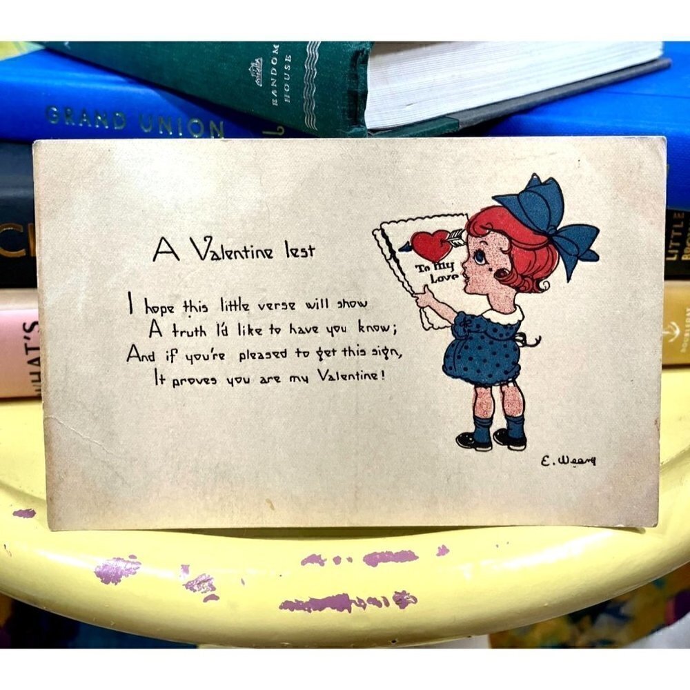 Antique Valentine Postcard Valentine Test Poem Little Girl Artist Litho Unused